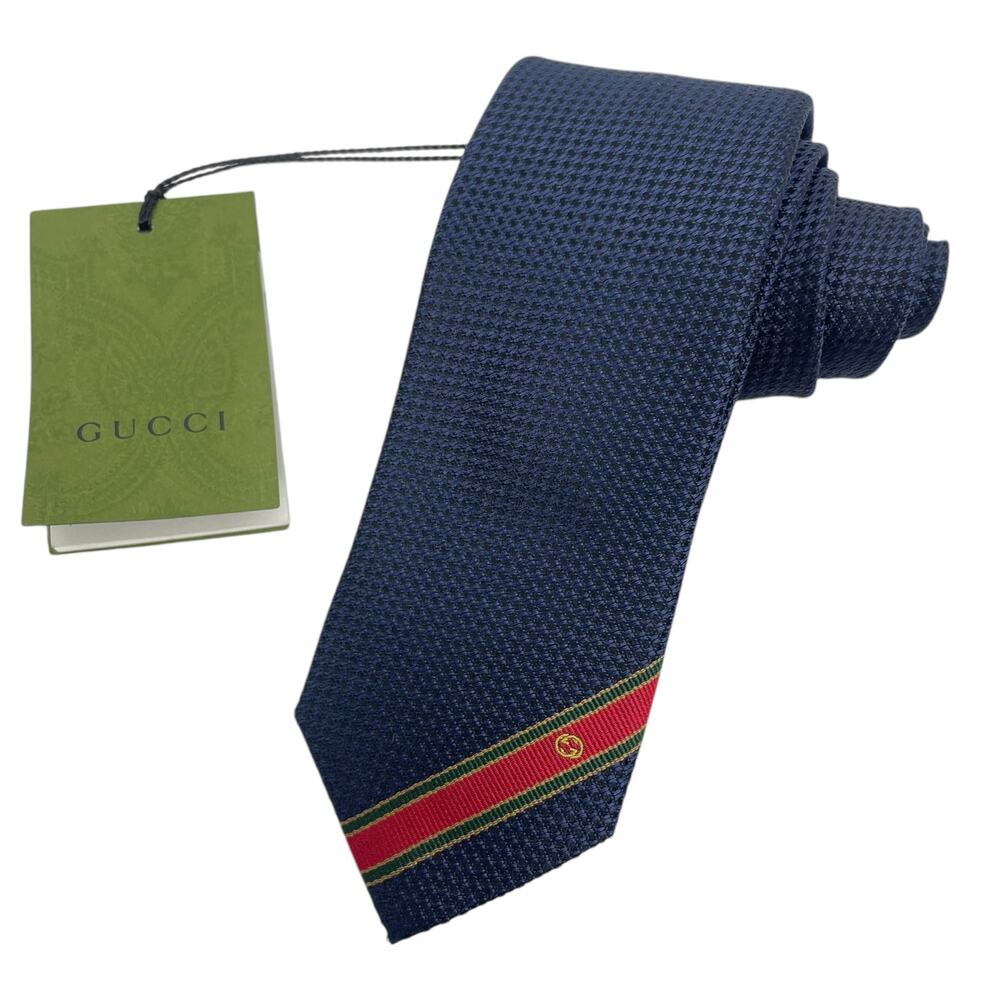Gucci The Ricand Woven 100% Silk Tie Navy Green Red Stripe - Picture 2 of 8